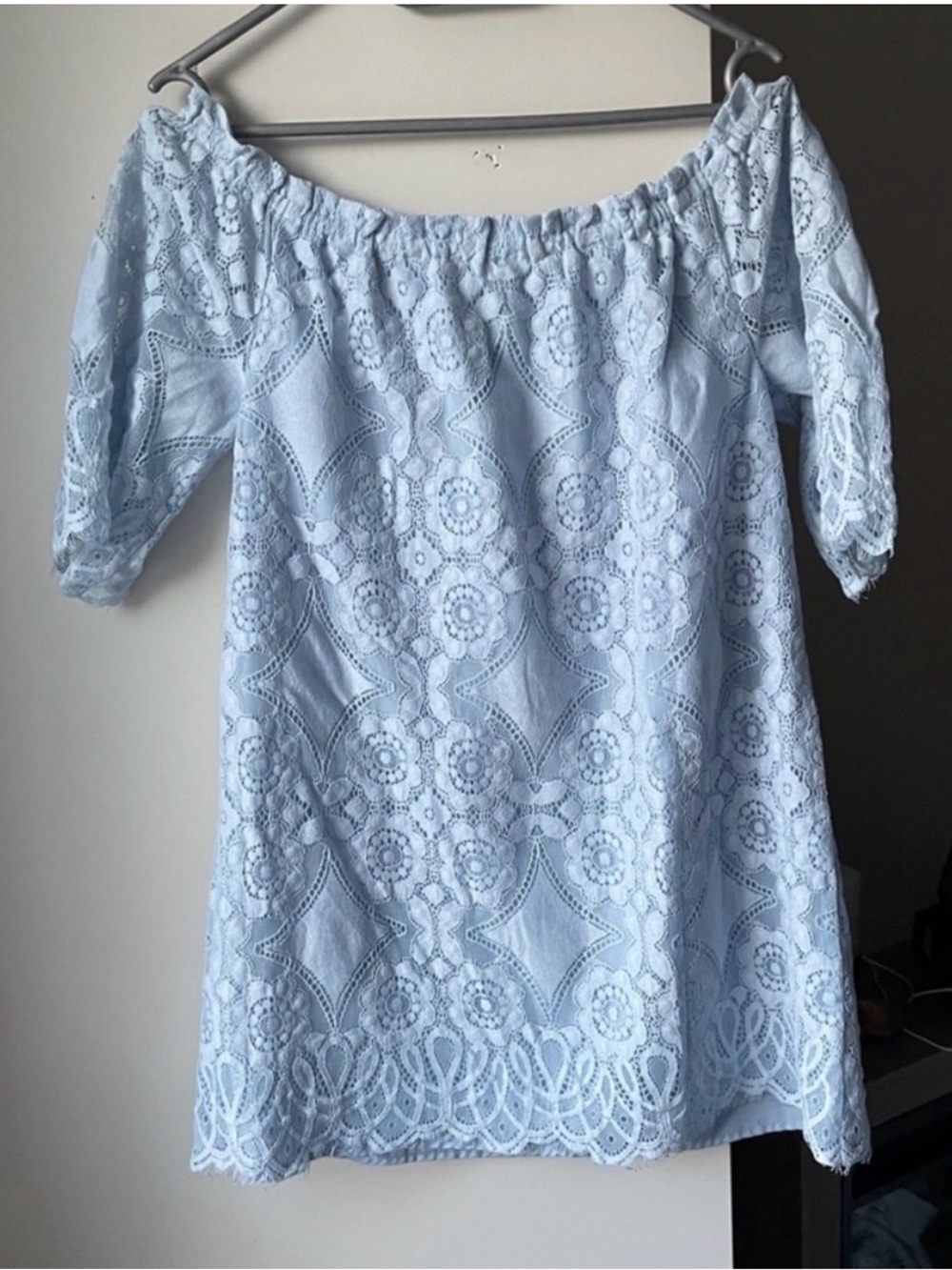 BB Dakota Light Blue Off-Shoulder Lace Mini Dress Small